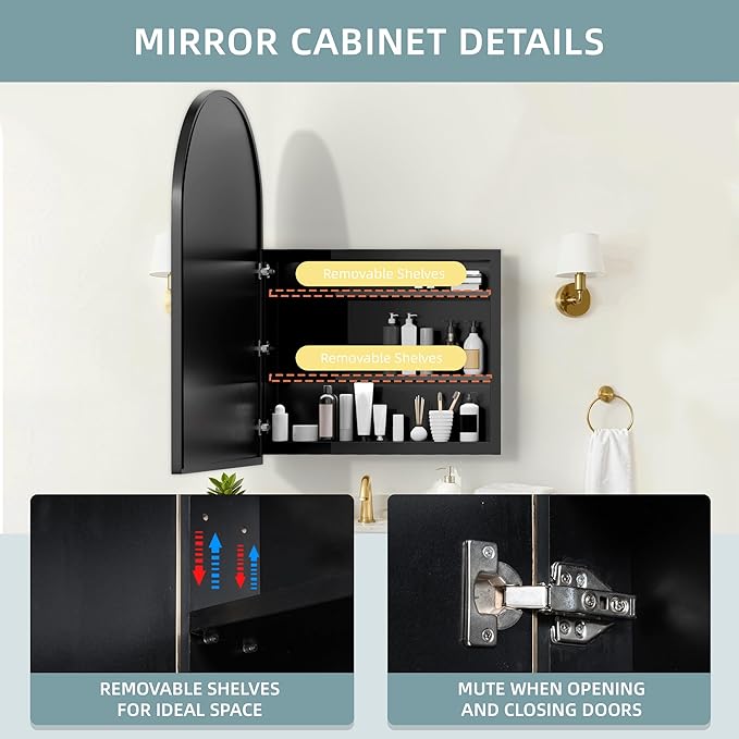 Casaphoria 39" H x 30" W Arched Bathroom Medicine Cabinet with Mirror, Metal Frame Wall Medicine Cabinets Mirrors, Wall Mirror Cabinet, Black A