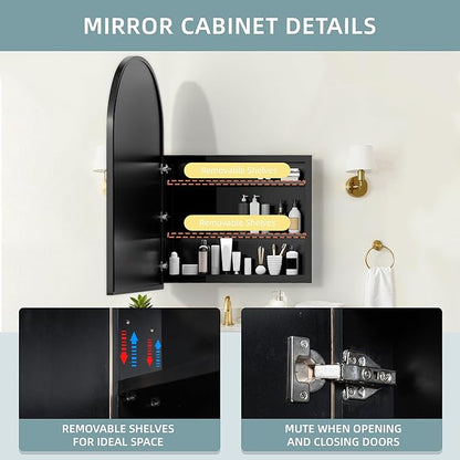 Casaphoria 39" H x 30" W Arched Bathroom Medicine Cabinet with Mirror, Metal Frame Wall Medicine Cabinets Mirrors, Wall Mirror Cabinet, Black A