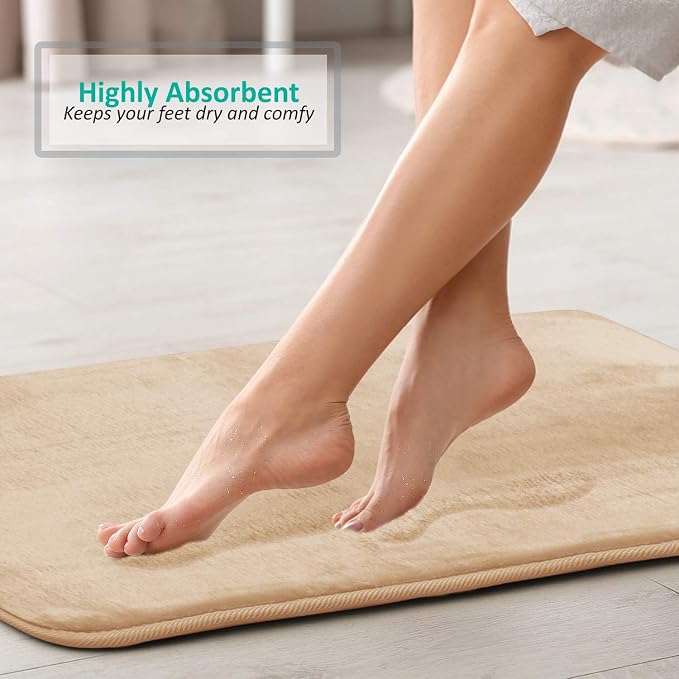Clara Clark 3 Piece Bathroom Rugs Bath Mat Set, Velvet Memory Foam Bath Mats for Bathroom - Non-Slip, PVC Backing Bath Rugs, Washable - Dries Quickly, Beige