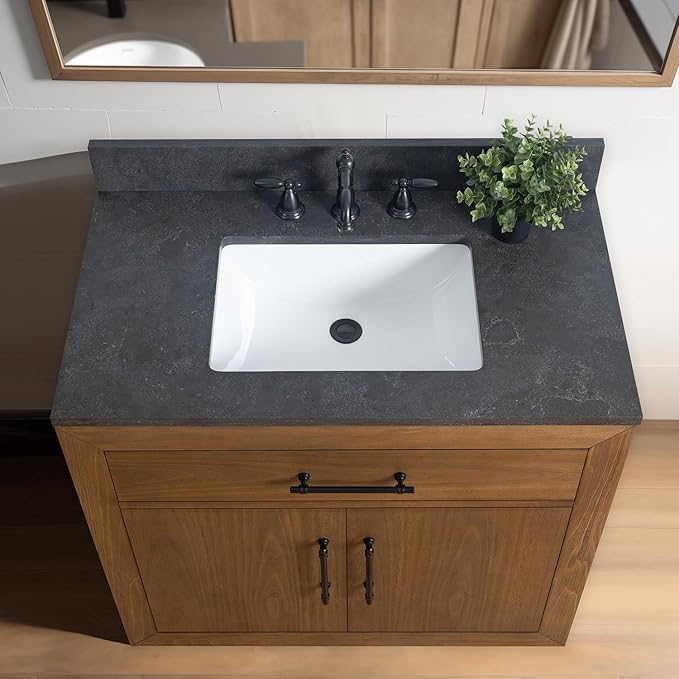 Vanity Art 36 inch Bathroom Vanity with Sink, Solid Poplar Wood, Vanity Cabinet with Doors and Removable Shelf, Modern Wood Cabinet with Black Marble Top, Ceramic Sink, Tan, VA70-36-T-B