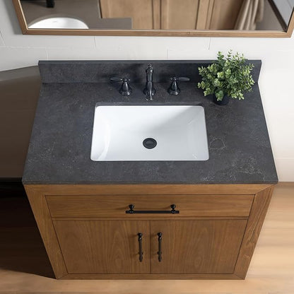 Vanity Art 36 inch Bathroom Vanity with Sink, Solid Poplar Wood, Vanity Cabinet with Doors and Removable Shelf, Modern Wood Cabinet with Black Marble Top, Ceramic Sink, Tan, VA70-36-T-B