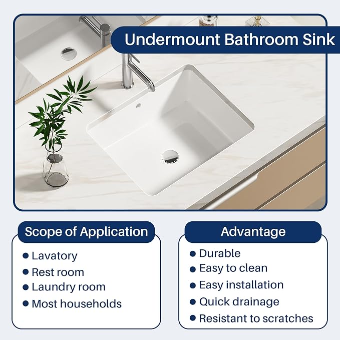 Enbol 20x16 inch Undermount Bathroom Sinks Rectangular White Porcelain Vessel Sink Modern Under Counter Lavatory Basin ECU1713