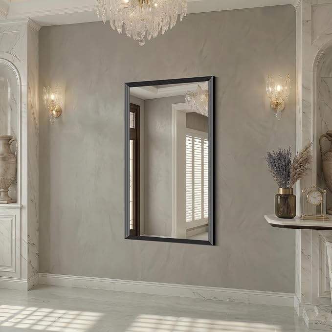DESBING Large Bathroom Mirror for Over Sink, 50” x 30” Black Rectangle Bathroom Mirrors for Double Vanity, Metal Ribbed Textured Framed Wall Mirror for Bathroom, Living Room, Bedroom,Dressing Room
