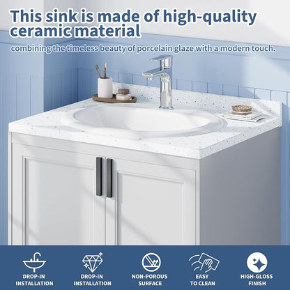 Vessel Sink 20.24x17.01 Inch, Ceramic Semi-Recessed Bathroom Sink, Round White Vessel Sink with Single Faucet Hole, Above Counter Vanity Basin