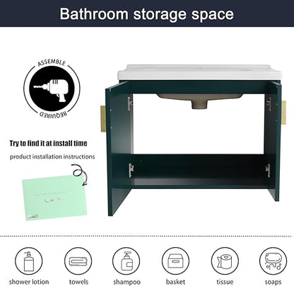Malwee 28" Floating Bathroom Vanity with Sink, 28 Inch Single Sink Wall Mounted Bathroom Vanity, with 2 Doors and White Ceramic Basin Top, Green Cabinet Set with 3 Color Handles (081-28)