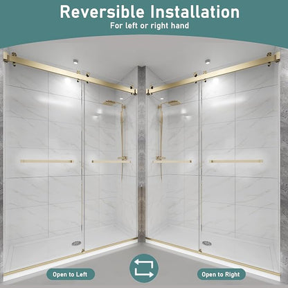 43-48" W x 76" H Frameless Double Sliding Shower Door for Walk-in Shower,5/16" (8mm) SGCC Certified Clear Tempered Safety Glass,Easy-Clean Coating,Quiet Heavy-Duty Roller System,Brushed Gold