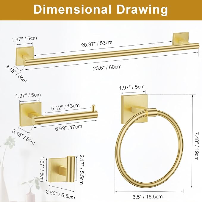 Brushed Gold Bathroom Hardware Accessories Towel Bar Set, 10 Pieces Bathroom Towel Bar Holder Set, 23.6 Inch Stainless Steel Toilet Paper Holder Towel Racks for Bathroom Wall Mounted