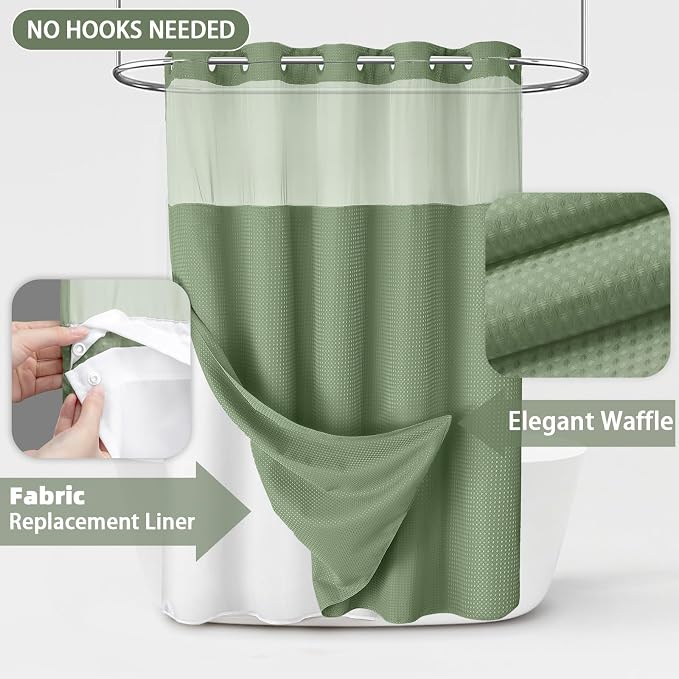 No Hook Shower Curtain with Liner Set Hotel Waffle Curtain Green 72W X 75L | Washable Snap in Fabric Liner, Mesh Top Window, Waffle Hotel Style Shower Curtain Set