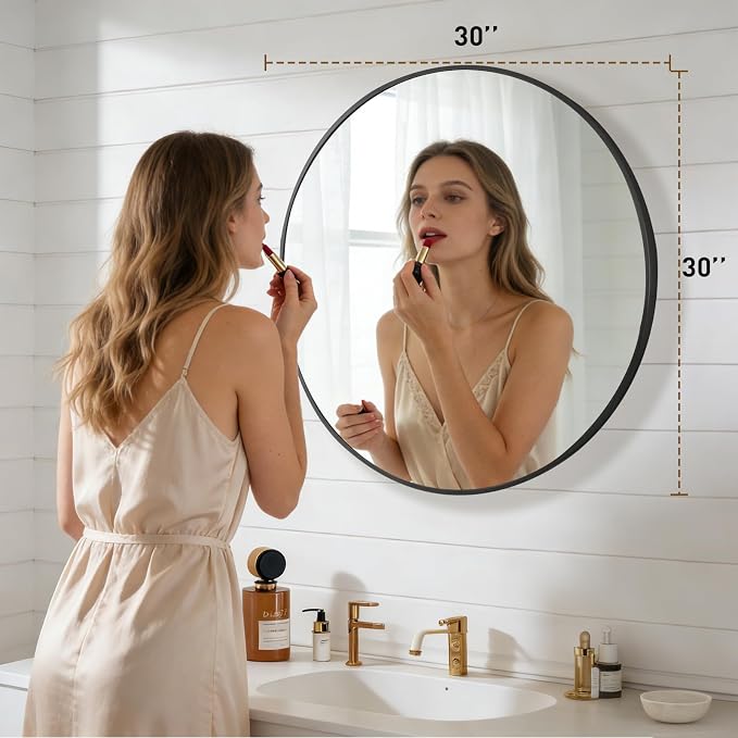 NEWBULIG 30 Inch Round Wall Mirror, Bathroom Mirrors for Over Sink | Metal Framed Circle Vanity Mirror, Wall Decor for Bedroom, Entryway, Anti-Rust, Tempered Glass, Hanging or Leaning, Black