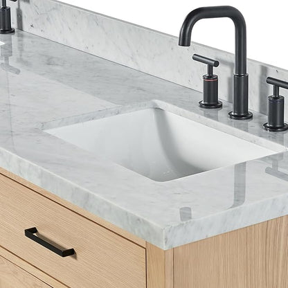 ARIEL Hepburn 72-inch Bathroom Vanity with Sink,Solid Wood, 1.5-inch Italian Carrara Marble Countertop, Double Rectangular Porcelain Sink, 4 Soft Closing Doors, 6 Dovetail Drawers, White Oak