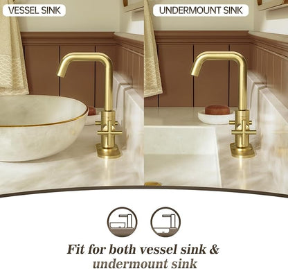 Brushed Gold 2-Handle 4 Inch Centerset Single Hole Bathroom Faucet with Drain,Deck Plate and Supply Hoses, Fit for 1 or 3 Hole, SGF002-10-BG