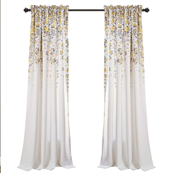 Lush Decor Weeping Flower Light Filtering Window Curtain Panels, Pair, 52"W x 108"L + 2" Header, Yellow & Gray - Charming Modern Floral Curtains for Living Room, Dining Room, & Bedroom