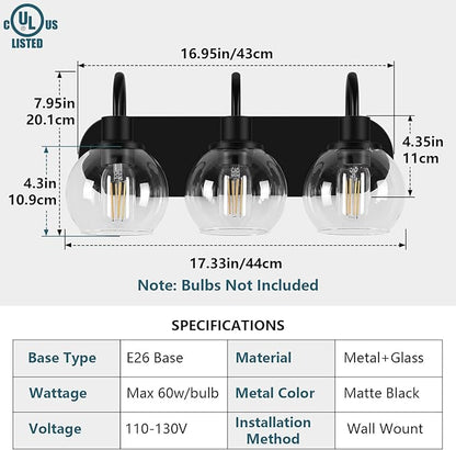 Bathroom Vanity Light,Modern 3-Light Bathroom Lighting Fixtures Over Mirror with Clear Glass Shade and Metal Base,Matte Black Bathroom Lighting