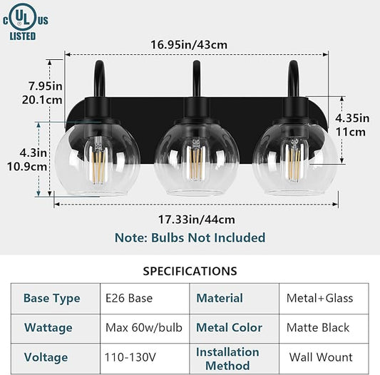 Bathroom Vanity Light,Modern 3-Light Bathroom Lighting Fixtures Over Mirror with Clear Glass Shade and Metal Base,Matte Black Bathroom Lighting