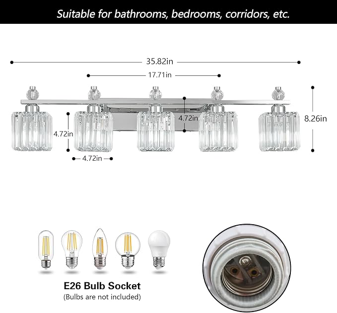 Vanity Lights 5-Light Modern Crystal Vanity Light Chrome Bathroom Light Fixtures Over Mirror Crystal Bathroom Vanity Lighting Fixtures