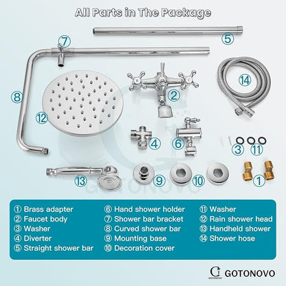 gotonovo Exposed Shower Faucet Set 8 Inch Rainfall Showerhead 3-Function Shower Fixture with Tub Spout 2 Corss Handles Shower System, Polish Chrome