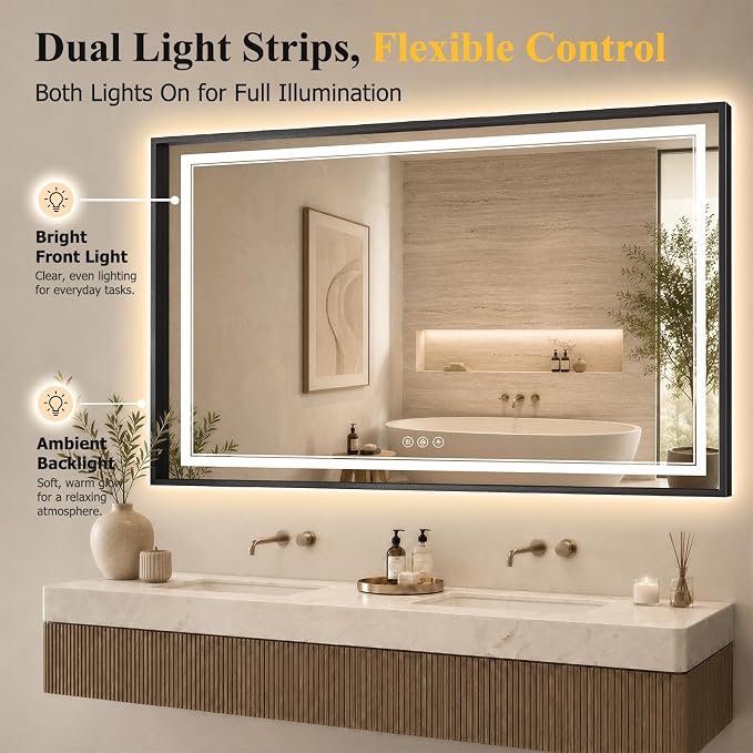 36"x60" LED Bathroom Mirror with Lights, Backlit + Front Lit, Anti-Fog | Lighted Bathroom Mirror with One-Piece Aluminum Alloy Frame, HD Shatterproof Tempered Glass, Dimmable, Memory Function