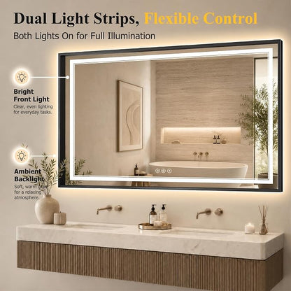 36"x60" LED Bathroom Mirror with Lights, Backlit + Front Lit, Anti-Fog | Lighted Bathroom Mirror with One-Piece Aluminum Alloy Frame, HD Shatterproof Tempered Glass, Dimmable, Memory Function