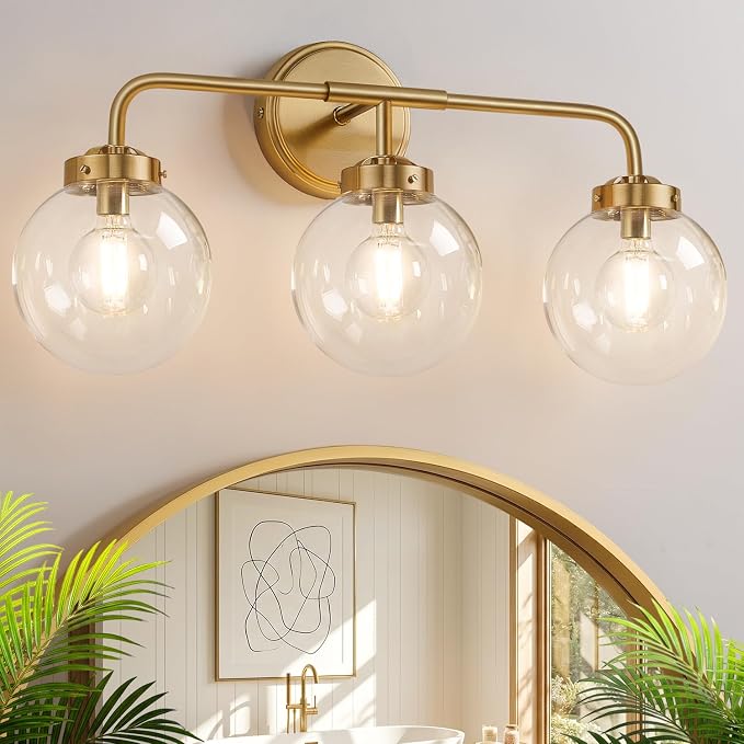 Modern Brushed Gold Vanity Lights for Bathroom, Mid Century 3 Light Bathroom Vanity Light with Globe Clear Glass Shade Over Mirror, Brass Wall Sconce for Bathroom Hallway Living Room Bedroom