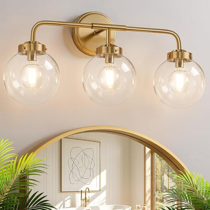 Modern Brushed Gold Vanity Lights for Bathroom, Mid Century 3 Light Bathroom Vanity Light with Globe Clear Glass Shade Over Mirror, Brass Wall Sconce for Bathroom Hallway Living Room Bedroom