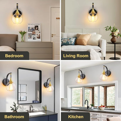 Black and Gold Wall Sconces Set of Two, Modern Wall Sconce Light | with Clear Glass Shade, Globe Wall Mounted Light Fixture for Bathroom, Living Room, Hallway, Bedroom, Bathroom