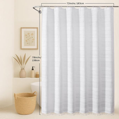 White Shower Curtain 78 Inch Long, Boho Farmhouse Thick Striped Fabric Hotel Shower Curtain with Tassel, Minimalist Textured Weighted Machine Washable Bathroom Decor, 72Wx78L Inches