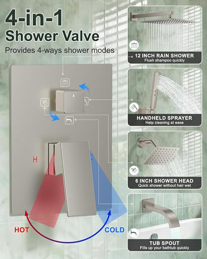 Rain Shower System with Rough-in Valve, Wall Mount Shower Faucet Set with 12" & 6" Dual Rain Shower Heads, 2-in-1 Handheld Shower, Tub Spout, 4-Function Complete Shower Fixture, Brushed Nickel