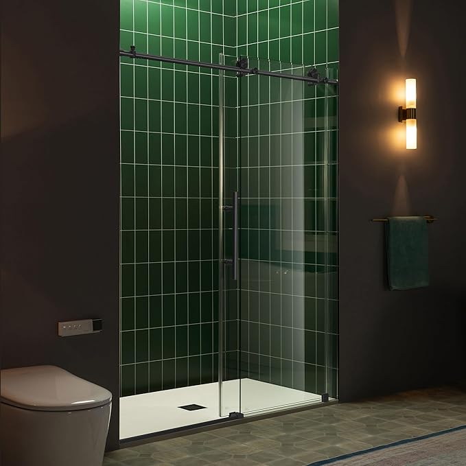 Woodbridge 57.5-60" W x 80" H Frameless Single Sliding Soft-Close Shower Door with Tempered Glass & Explosion Proof Film in Matte Black Finish