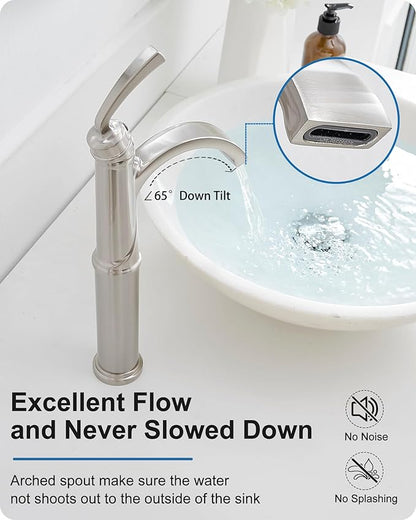 Bathroom Vessel Sink Faucet Brushed Nickel, Brass Tall Waterfall Bathroom Faucet 1 Hole Bathroom Sink Faucet Single Handle Bathroom Faucets with Water Lines Pop-Up Drain