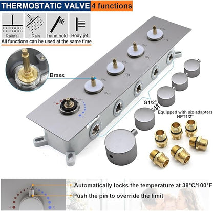 Thermostatic Shower System with 14x20 Inch Ceiling Mount LED Head & 6 Inch Wall Head and Handheld Shower 4 Function Vale with body jets Can All Run Together,Brushed Nickel