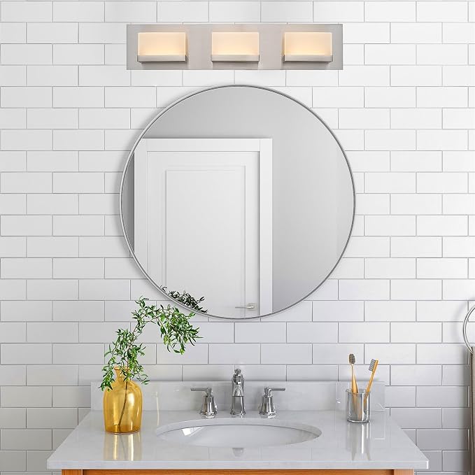 Kira Home Everett 24" Modern Integrated LED 3-Light Bathroom Vanity Light | 30W 3000K Warm White Light, Minimalist Bathroom Wall Sconce with Frosted Acrylic Blocks, Brushed Nickel Finish