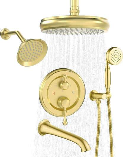 Enga Antique Shower Faucet Sets Dual Heads with Tub Spout 8" Ceiling & 6" Wall Mount Vintage Shower Head Handheld Spray Combo, 4 Way Diverter Brass Rough in with Trim Kit, Brushed Gold
