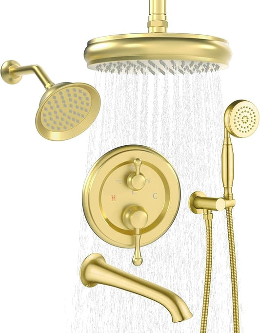 Enga Antique Shower Faucet Sets Dual Heads with Tub Spout 8" Ceiling & 6" Wall Mount Vintage Shower Head Handheld Spray Combo, 4 Way Diverter Brass Rough in with Trim Kit, Brushed Gold