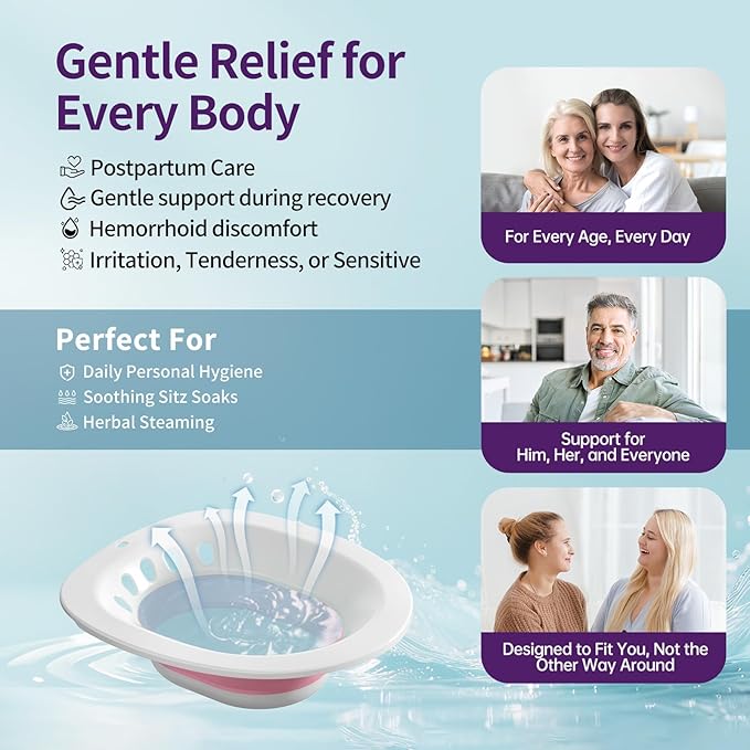RUGUO Sitz Bath for Toilet Seat - Yoni Steam Seat - Sitz Bath for Hemorrhoids and Postpartum Care - Portable Bidet BPA Free - Foldable Basin for Epsom Salt Soak - Pink