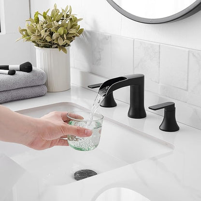 Black Bathroom Faucet 3 Hole, Brass Bathroom Waterfall Faucet 2 Handle, 4-16 Inch Widespread Bathroom Sink Faucets, Restroom Sink Faucet for Vanity with Supply Hoses, NO Equipped Pop-up Drain