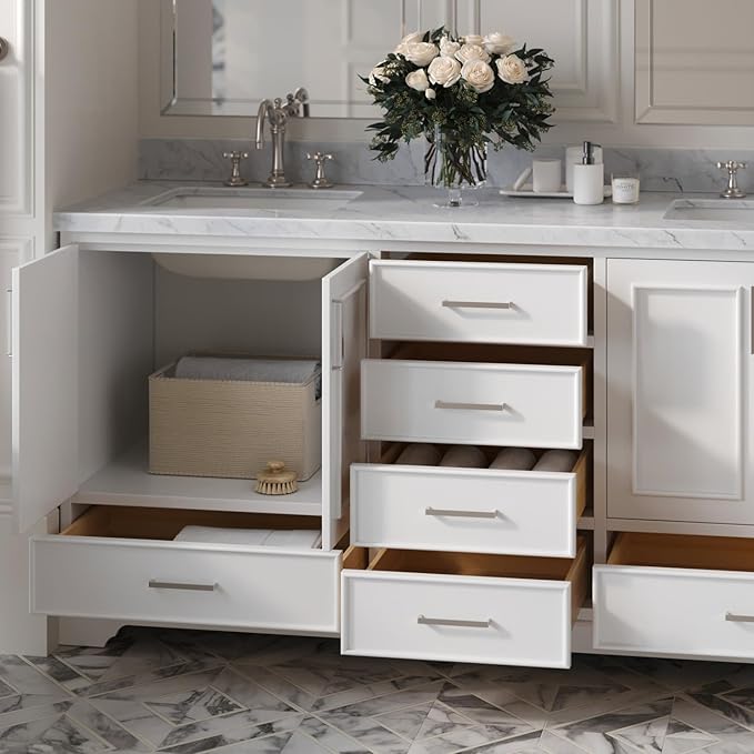 ARIEL Stafford 72-inch Bathroom Vanity with Sink,Solid Wood, 1.5-inch Italian Carrara Marble Countertop, Double Rectangular Porcelain Sink, 4 Soft Closing Doors, 6 Dovetail Drawers, White