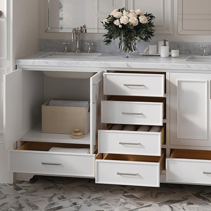 ARIEL Stafford 72-inch Bathroom Vanity with Sink,Solid Wood, 1.5-inch Italian Carrara Marble Countertop, Double Rectangular Porcelain Sink, 4 Soft Closing Doors, 6 Dovetail Drawers, White