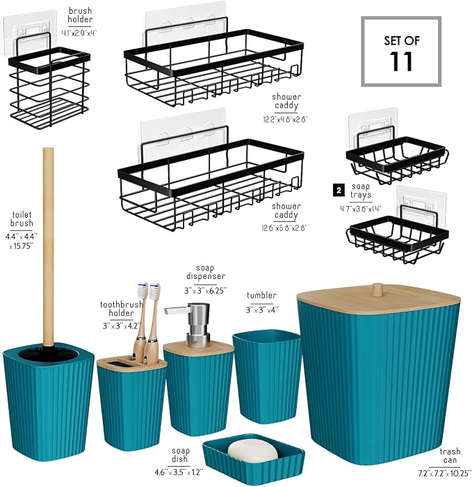 Clara Clark Bathroom Set - Teal Bathroom Accessories Set, 6PC Bathroom Accessory Set, Bathroom Sets with Adhesive Corner Shower Caddy Hanging, Toilet Brush, Trash Can & Soap Dispenser