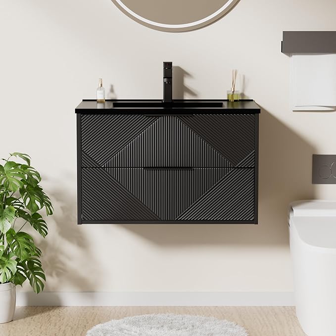 LUCKWIND 30" Floating Bathroom Vanity with Black Sink Combo, Wall Mounted Floating Cabinet with 2 Large Soft-Close Drawers & Water Saving Faucet, Geometric Textured Design in Black