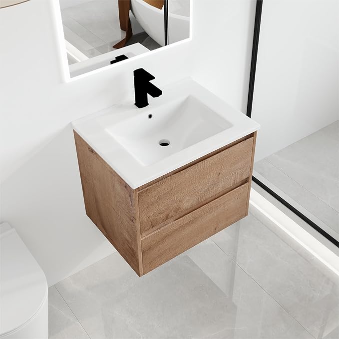 Malwee 24" Floating Bathroom Vanity with Sink, 24 Inch Single Sink Wall Mounted Bathroom Vanity Combo, with 2 Drawers and White Ceramic Basin Top, Bath Wall-Hung Cabinet Set with Storage MA05124IMO-2