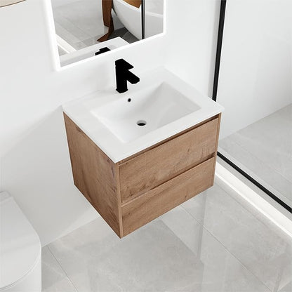 Malwee 24" Floating Bathroom Vanity with Sink, 24 Inch Single Sink Wall Mounted Bathroom Vanity Combo, with 2 Drawers and White Ceramic Basin Top, Bath Wall-Hung Cabinet Set with Storage MA05124IMO-2
