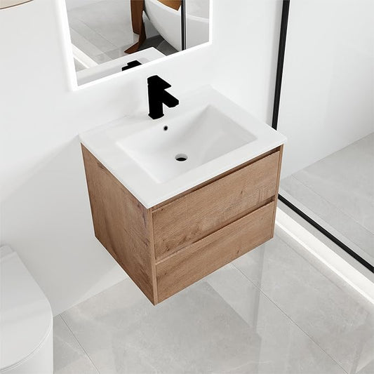 Malwee 24" Floating Bathroom Vanity with Sink, 24 Inch Single Sink Wall Mounted Bathroom Vanity Combo, with 2 Drawers and White Ceramic Basin Top, Bath Wall-Hung Cabinet Set with Storage MA05124IMO-2