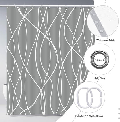 Striped Shower Curtain for Bathroom, Charcoal Grey, 72" W x 72" L | with Hooks, Modern Hotel Style, Water Repellent, Washable, Weighted Hem