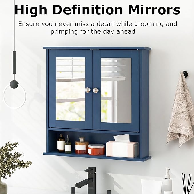 Tangkula Bathroom Medicine Cabinet with Mirror, Wall Mounted Wooden Hanging Organizer with Doors and Shelves, Bathroom Wall Mirror Cabinet (Mirror Doors, Blue)