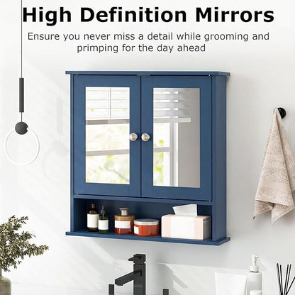 Tangkula Bathroom Medicine Cabinet with Mirror, Wall Mounted Wooden Hanging Organizer with Doors and Shelves, Bathroom Wall Mirror Cabinet (Mirror Doors, Blue)