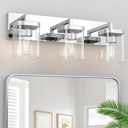 Chrome Bathroom Vanity Light, Square Design 3 Lights Morden Vanity Lighting Fixtures Over Mirror, Bathroom Light Fixtures for Living Room/Bedroom