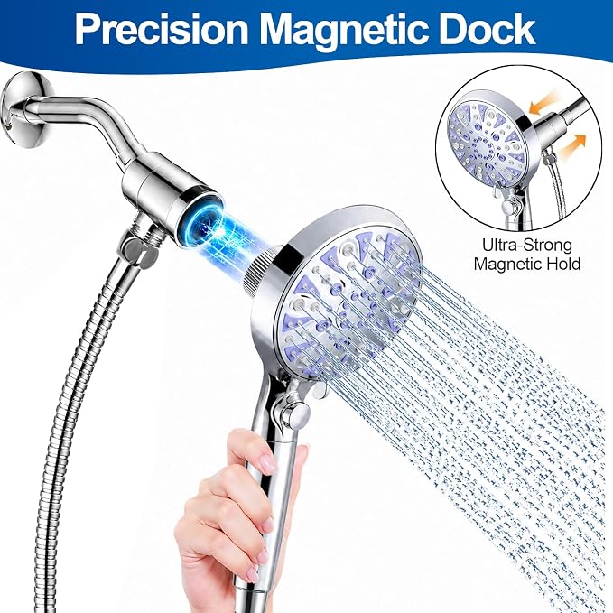 Magnetic Filtered 9-Mode Handheld Shower Head with Extra Top Spot Spray | Detachable High Pressure Showerhead with ON/OFF Pause Switch, 15-Stage Water Softener Filters for Hard Water