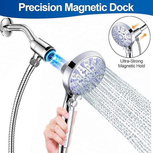 Magnetic Filtered 9-Mode Handheld Shower Head with Extra Top Spot Spray | Detachable High Pressure Showerhead with ON/OFF Pause Switch, 15-Stage Water Softener Filters for Hard Water