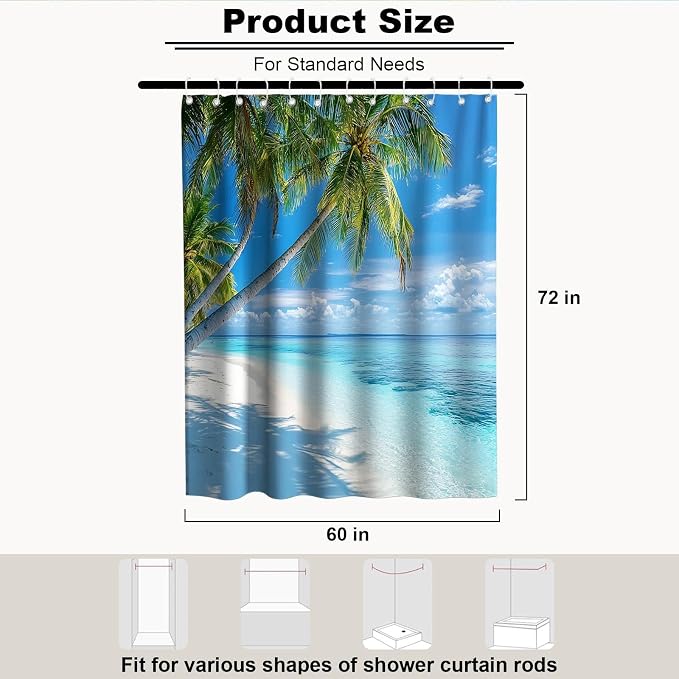 Beach Modern Ocean Shower Curtain Summer Coastal Tropical Palm Tree Trendy | Nature Shower Curtains for Bathroom, Waterproof Bath Curtain with Hooks Machine Washable Bathtub Curtains 60x72 Inch Green