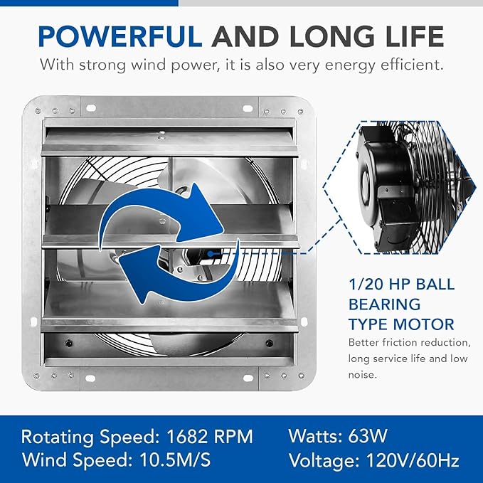 Simple Deluxe 12 Inch Variable Shutter Exhaust Fan Aluminum with Speed Controller and Power Cord Kit, 1620RPM, 1600 CFM